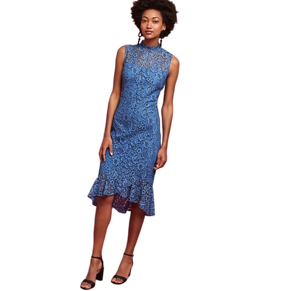 Shoshannah Calista Trumpet Rich Blue Lace Sheath Romantic Dress Size 4